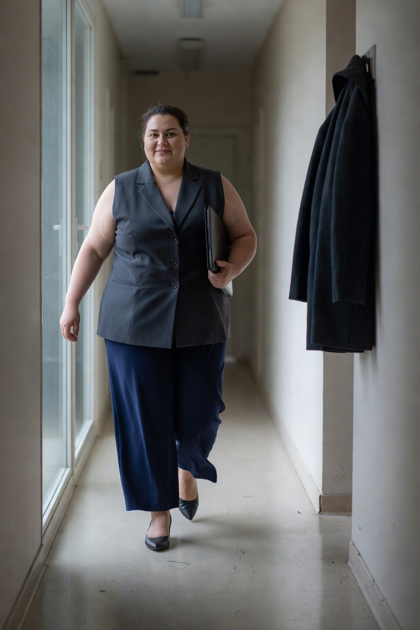 Plus-size woman walking down office hallway in sleeveless gray pinstripe vest, wide-leg navy pants, black pointed heels, carrying black laptop bag, black coat hanging on wall nearby
