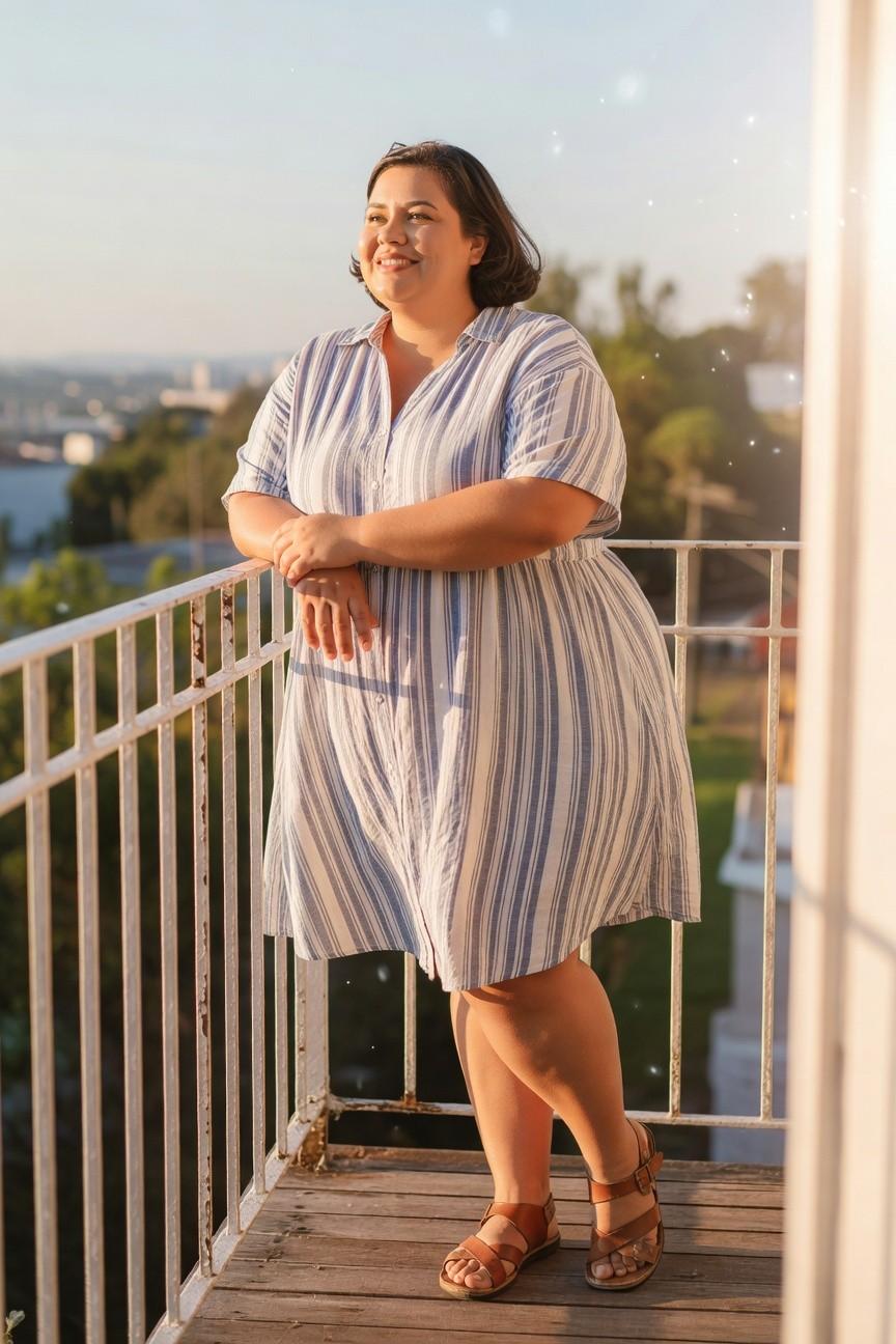 Plus-size woman smiling in a loose blue-and-white striped short-sleeve shirtdress with button front and A-line skirt paired with tan leather strappy mid-calf sandals arms crossed leaning forward