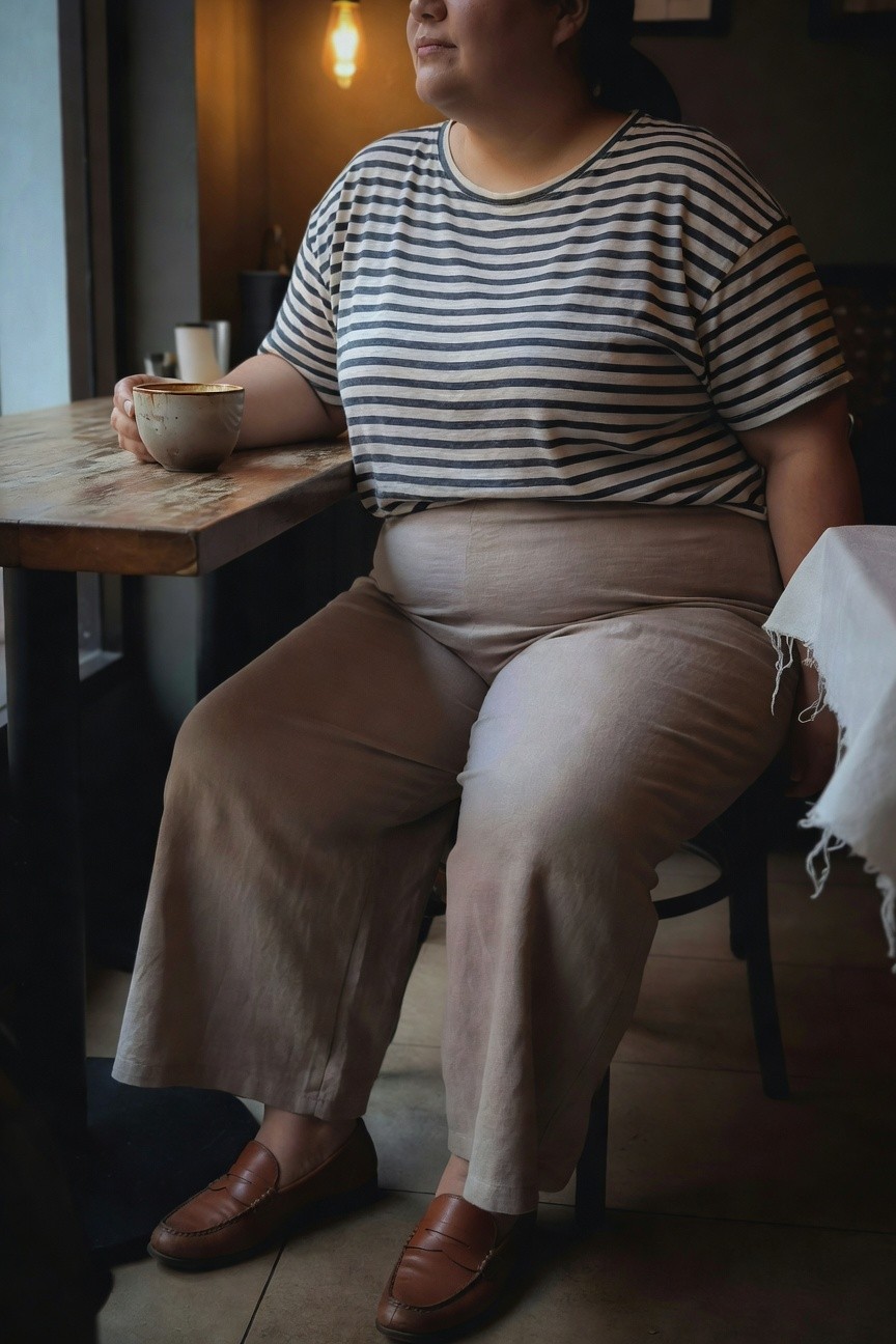 Plus-size woman seated at a cafe table holding a ceramic mug, dressed in a loose navy-and-white striped short-sleeve cotton top, high-waisted beige wide-leg linen pants, and brown leather loafers