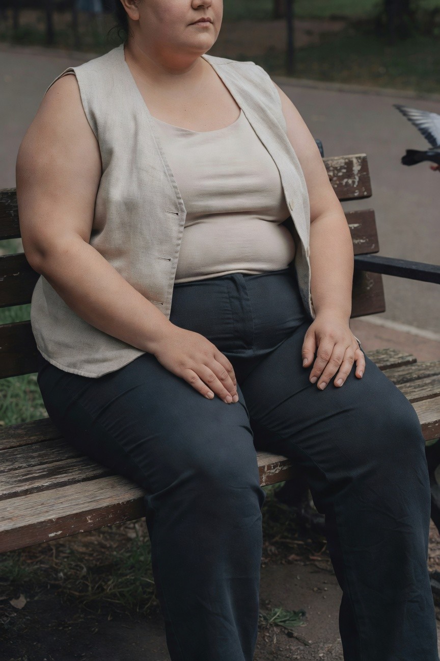 Plus-size woman seated on wooden park bench wearing beige sleeveless vest over cream tank top tucked into dark navy straight-leg pants, hands folded in lap, neutral park path background