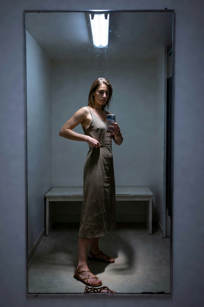 Woman taking mirror selfie in beige sleeveless midi dress with hand on hip, wearing tan strappy flat sandals, in a plain changing room with bench