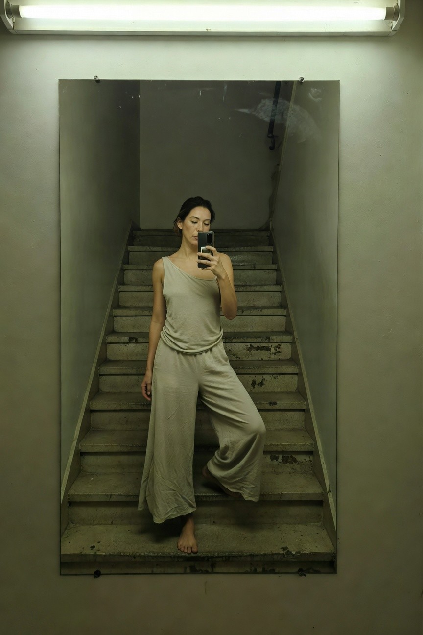 Woman taking a mirror selfie in a beige sleeveless tank top and matching wide-leg pants, standing barefoot on worn concrete stairs under fluorescent lights