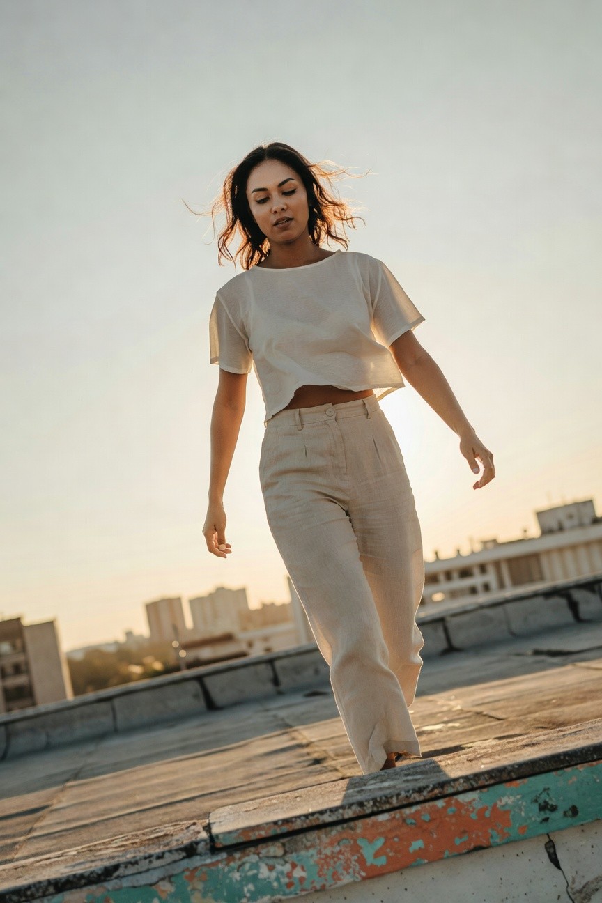 Woman with wavy dark hair walking in cream sheer cropped short-sleeve top and matching high-waisted wide-leg linen pants on a rooftop, midriff exposed, hand extended gracefully, urban buildings in background at dusk