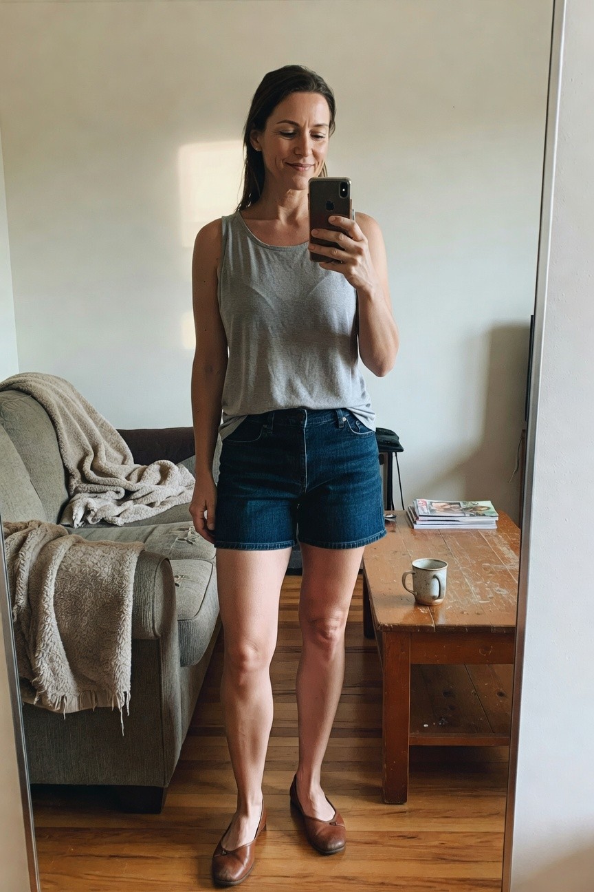 Woman in mirror selfie wearing loose gray tank top, high-waisted blue denim shorts, and brown leather flats, standing confidently with phone in hand