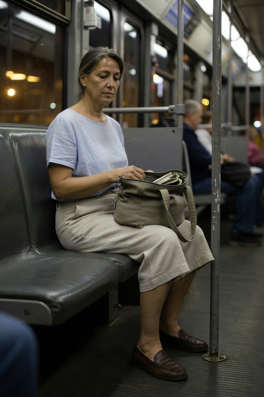 Woman in her 50s sitting on subway seat wearing light blue short-sleeve t-shirt, beige linen knee-length wide-leg skirt, brown penny loafers, holding tan tote bag with books visible, gray hair in ponytail, neutral expression