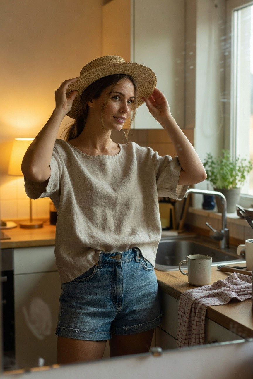 Woman in a kitchen adjusting a beige straw hat on her head, wearing a loose beige linen short-sleeve top and high-waisted blue denim cutoff shorts, standing by a wooden counter with a white mug nearby