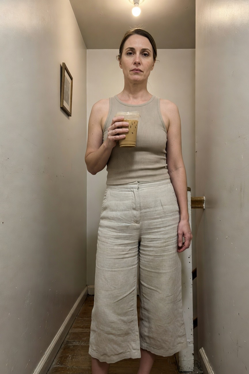 Woman in her 40s taking a selfie in a narrow hallway, wearing a fitted beige ribbed sleeveless tank top and high-waisted wide-leg ankle-length linen pants in cream, holding an iced coffee cup, neutral background with white walls and wooden floor