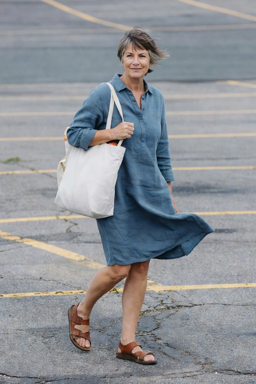 Middle-aged woman with short gray hair smiling while walking in a navy blue collared linen shirt dress with flared skirt, holding a white canvas tote bag, wearing tan leather strap sandals, in an empty parking lot