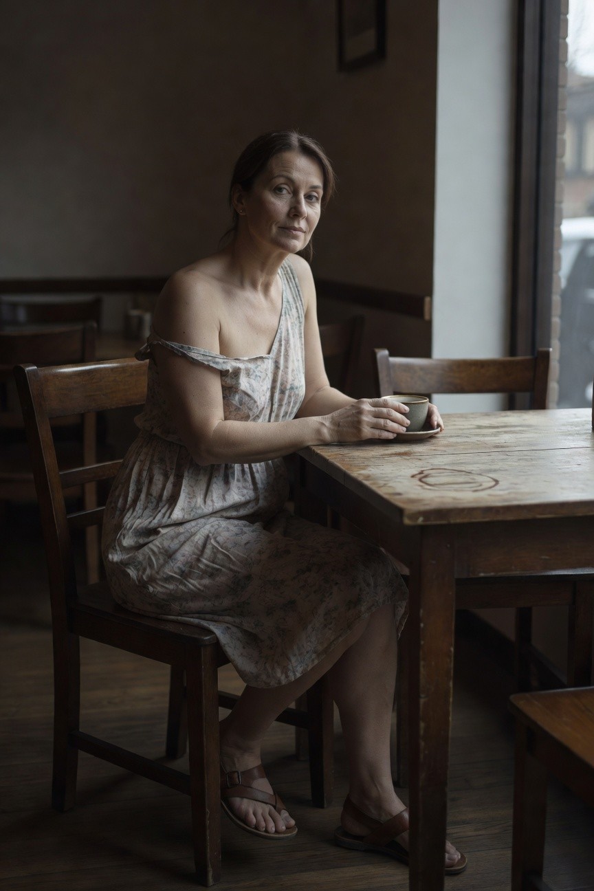 Woman in her 40s with brown hair wearing a lightweight beige floral-printed off-shoulder dress, tan leather flat sandals, seated at a wooden table holding a ceramic mug