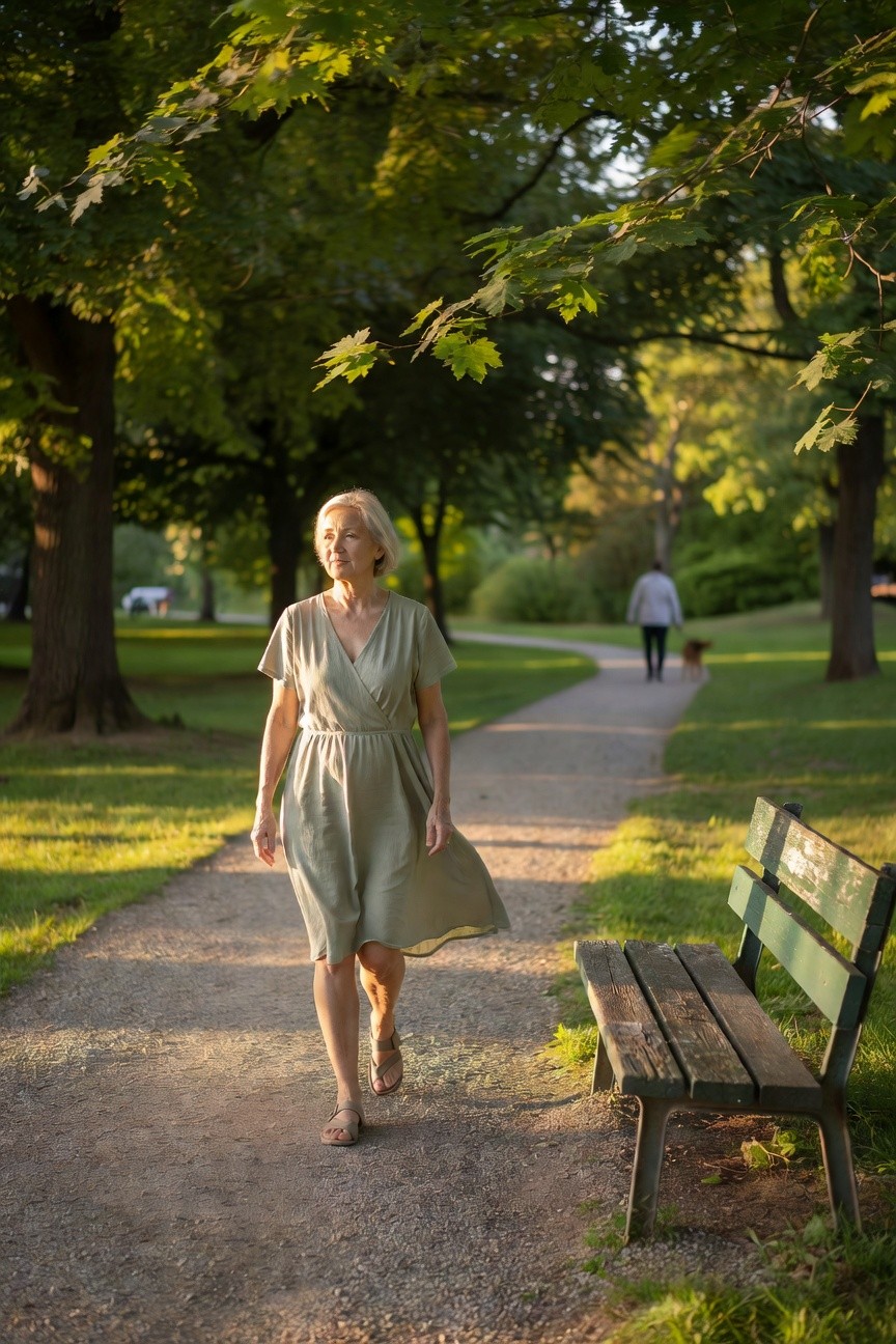 Mature blonde woman in sage green short-sleeve wrap dress and tan flat sandals walking on gravel path next to green wooden bench