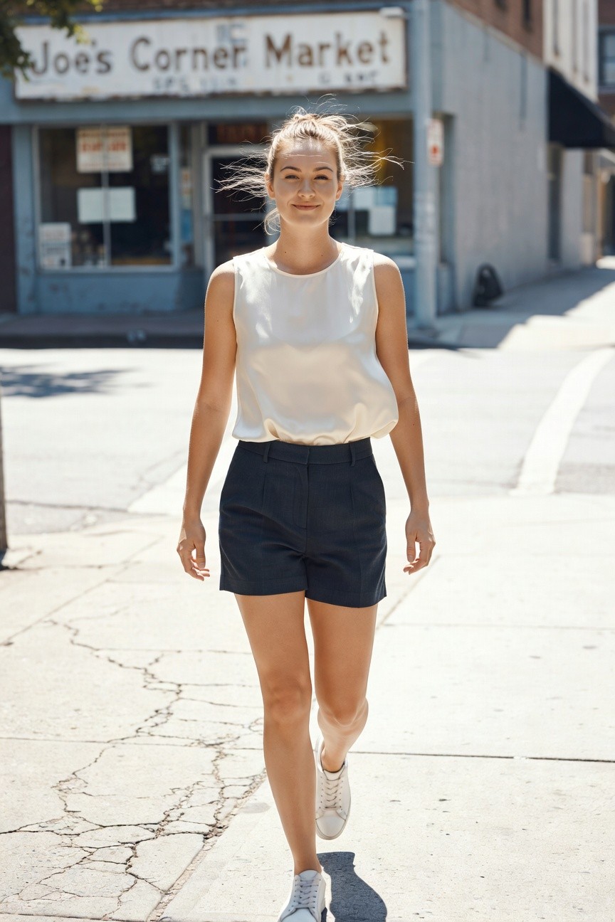 Woman walking in white sleeveless silky tank top tucked loosely into navy tailored mid-thigh shorts with white sneakers on sunny sidewalk