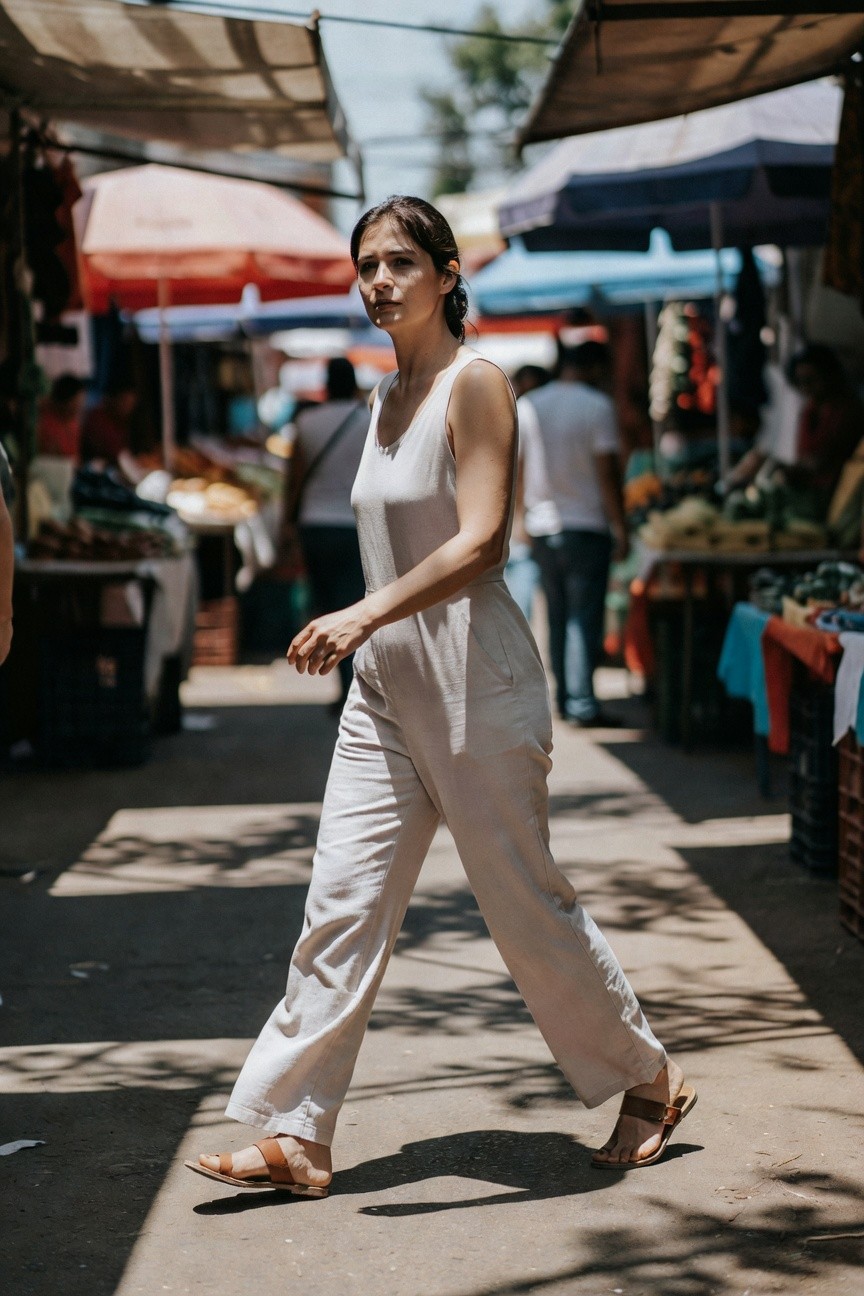 Side view of a woman in a pale beige sleeveless linen wide-leg jumpsuit with tank straps, walking in tan flat sandals, hair in a loose bun