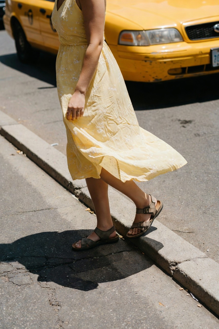 Woman walking on sidewalk in pale yellow sleeveless floral embroidered midi dress with brown leather strap sandals, yellow taxi blurred in background