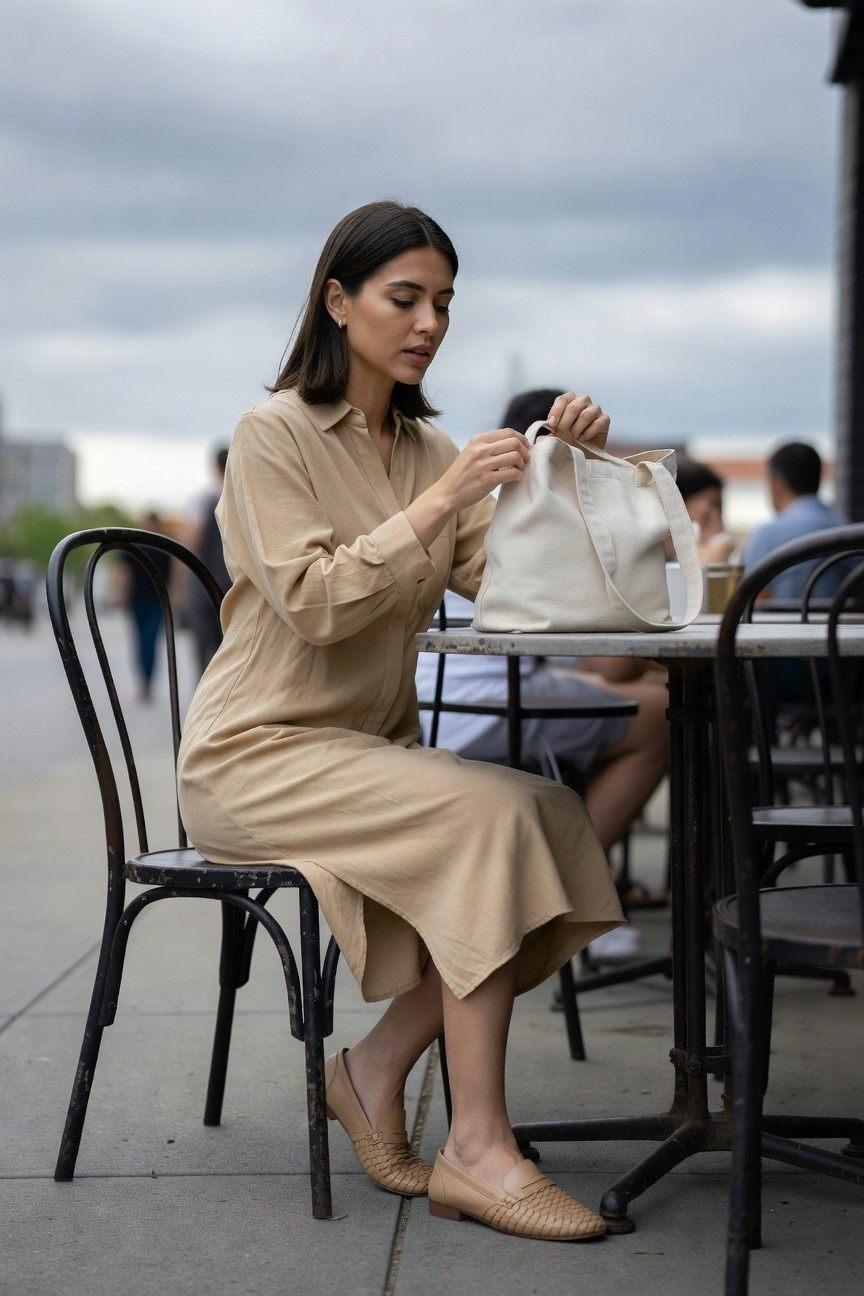 Woman sitting outdoors at a cafe table in a long beige shirt dress with long sleeves, holding a white canvas tote bag, wearing tan woven loafers, neutral toned outfit for comfortable office style