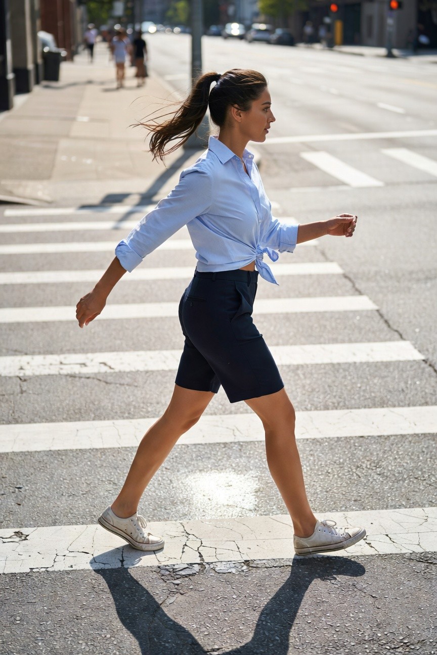 Side view of a woman walking in a light blue chambray button-up shirt knotted at the waist with rolled sleeves, paired with navy tailored shorts and white sneakers, ponytail hairstyle