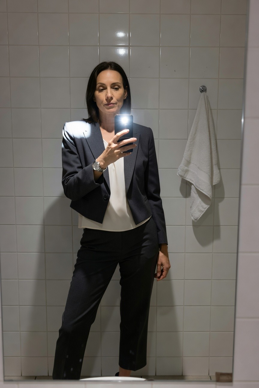 Woman taking a mirror selfie in a tiled bathroom wearing a cropped dark blazer over a white blouse tucked into slim dark ankle pants, holding her phone, with a white towel hanging nearby and silver watch on wrist