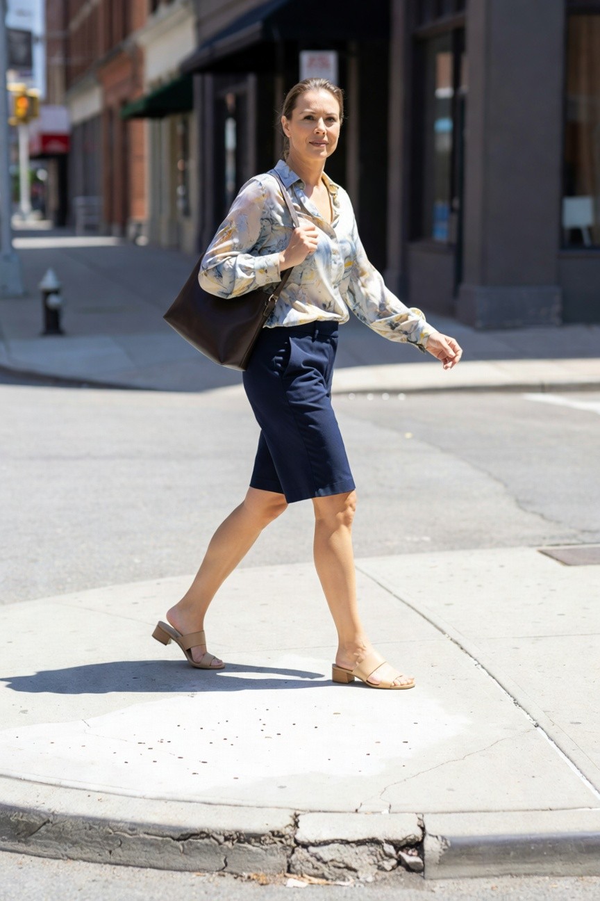 Woman walking in a printed floral long-sleeve blouse tucked into navy tailored shorts, carrying a brown leather tote bag and wearing beige wedge sandals, urban street setting
