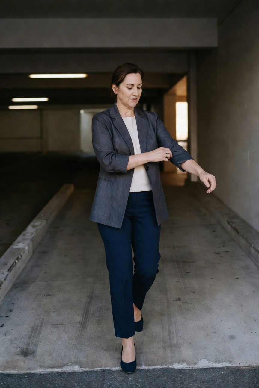Woman in textured gray blazer over white blouse with slim navy pants and black pointed pumps, walking and adjusting her sleeve in a parking garage