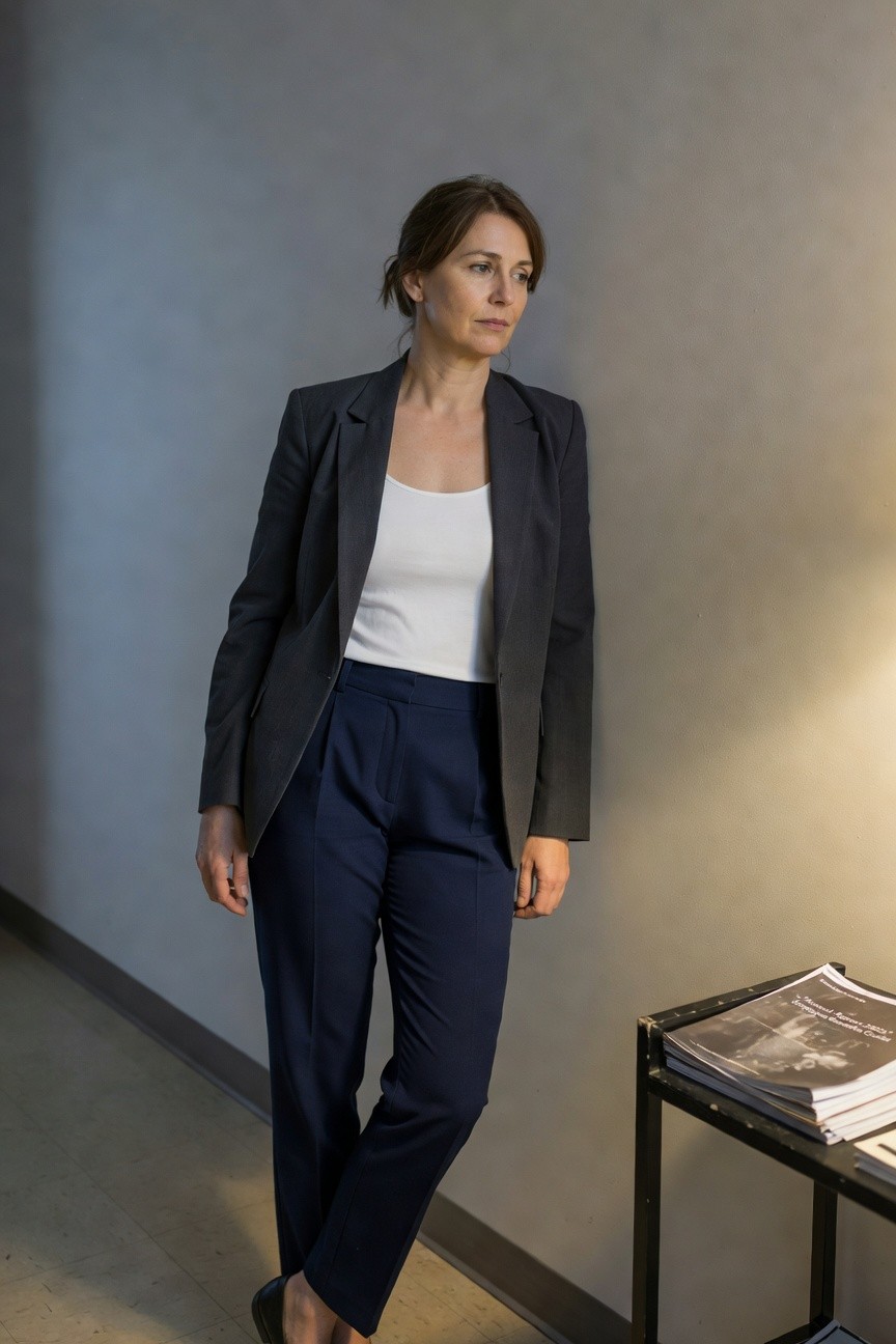 Woman in open charcoal gray blazer over white tank top, navy pleated wide-leg trousers, and black loafers, standing casually with hand in pocket