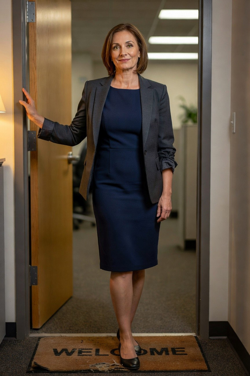 Professional woman in her 50s standing in office doorway, wearing a charcoal gray tailored blazer over a navy blue sheath dress with black pointed pumps, one hand on the door frame