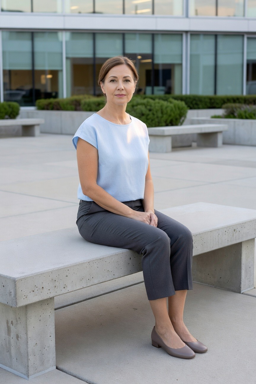 Mature woman with brown hair in light blue cap-sleeve blouse, gray ankle-length trousers, and gray low-heel pumps, sitting on concrete bench with hands folded in lap outside modern glass office building