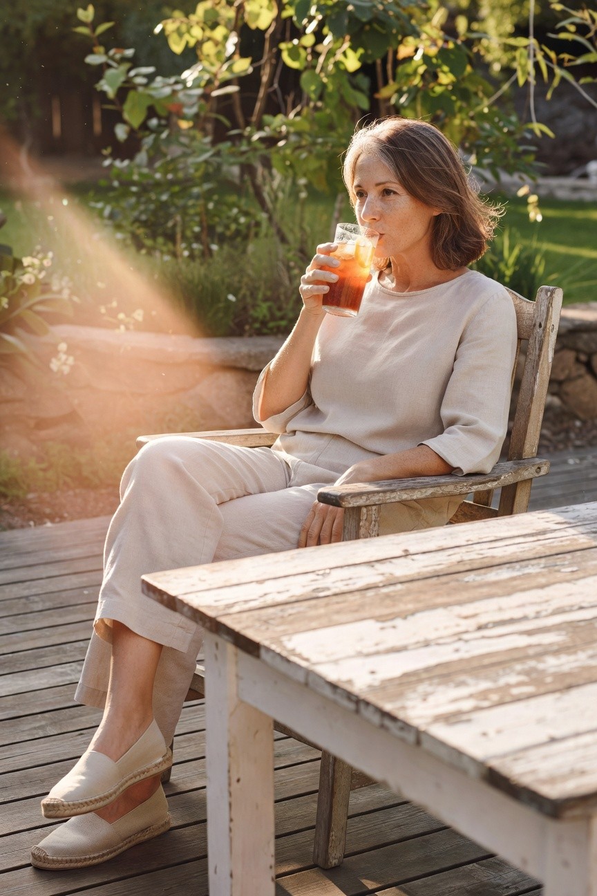 Woman in cream linen blouse with three-quarter sleeves and matching wide-leg pants, tan espadrilles, sitting at wooden table holding orange drink