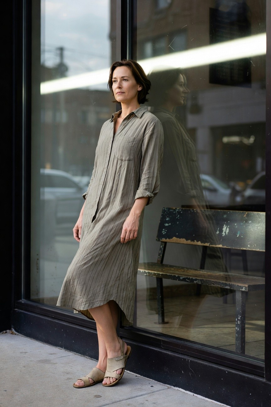 Woman standing outside a storefront window wearing a loose-fitting olive-gray midi shirt dress with button front, rolled long sleeves, patch pockets, asymmetrical hem, and beige strappy flat sandals, captured in a street style pose.
