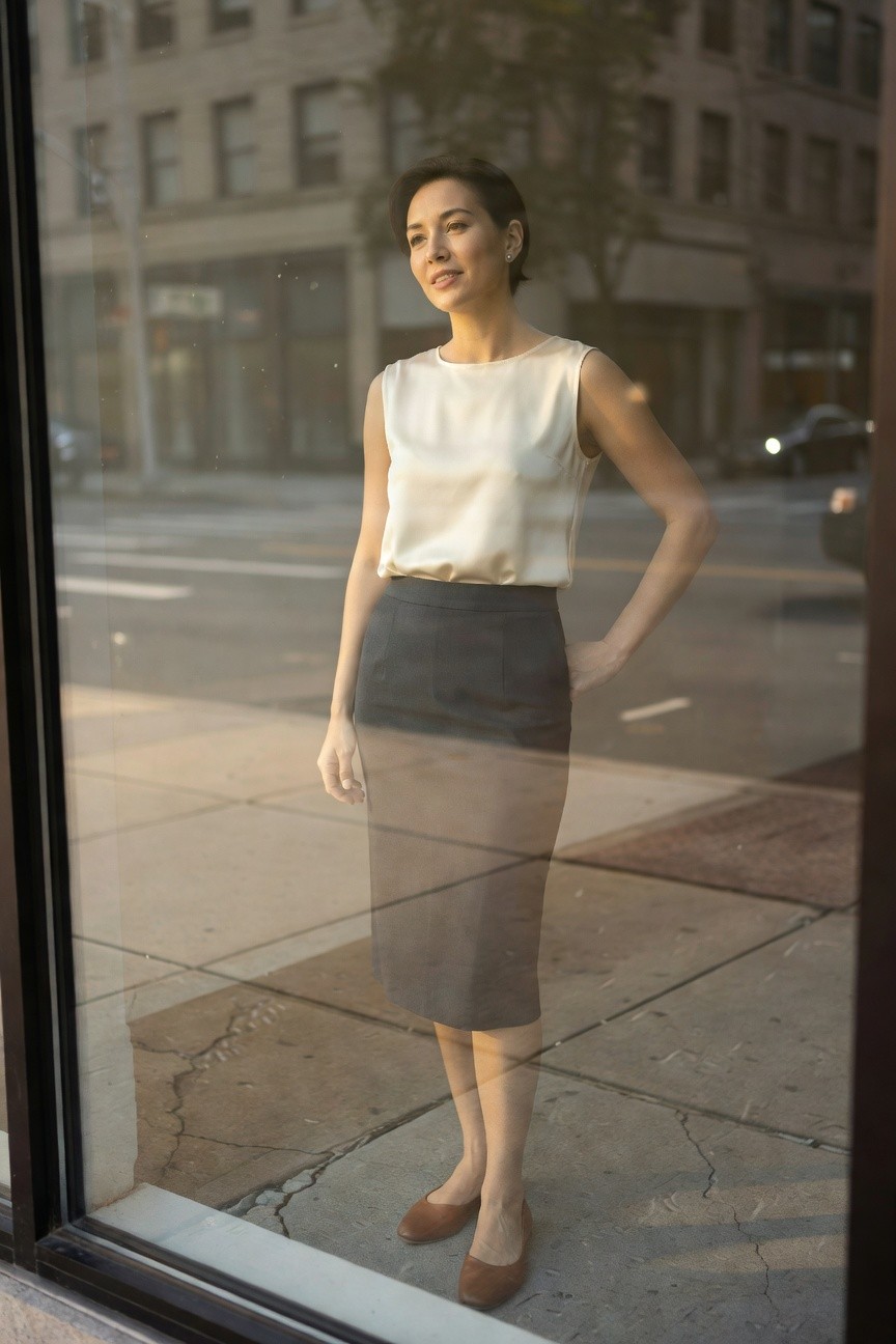 Woman standing confidently by a large window in a cream sleeveless silky blouse, gray tailored pencil skirt, and brown flats, with hand on hip and subtle urban reflection behind