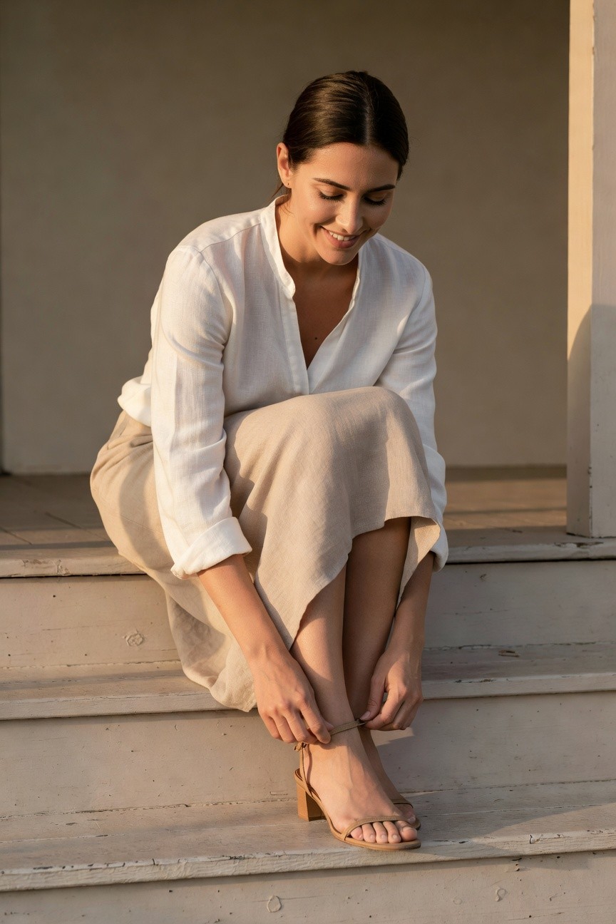 Woman with brown hair sitting on wooden steps, smiling down while adjusting the ankle strap on her tan block-heel sandal; dressed in a white linen long-sleeve blouse with mandarin collar and a flowy beige linen midi skirt