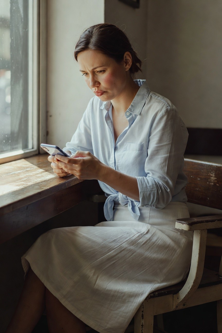 Woman sitting by window in light blue chambray button-up shirt tied at waist and white midi skirt, holding phone, natural light