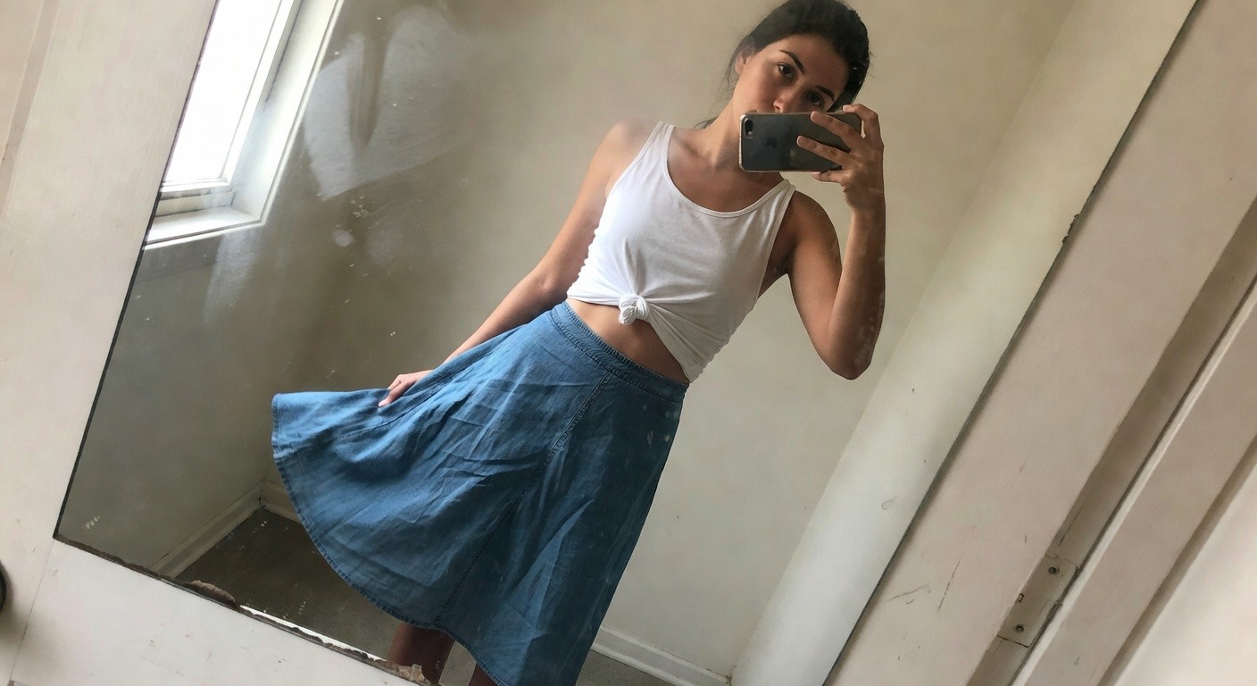 Mirror selfie of woman in sleeveless white tank top tied at cropped waist and high-waisted light blue flared denim skirt, hand on hip, bare legs, indoors by white door