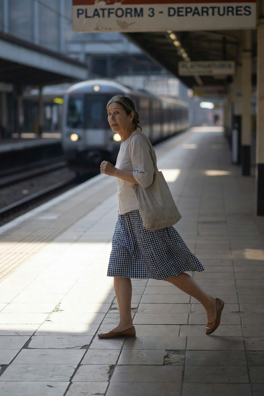 Mature woman walking briskly on a platform in a pale linen blouse, blue gingham skirt, tan flats, and beige tote bag, captured in bright daylight