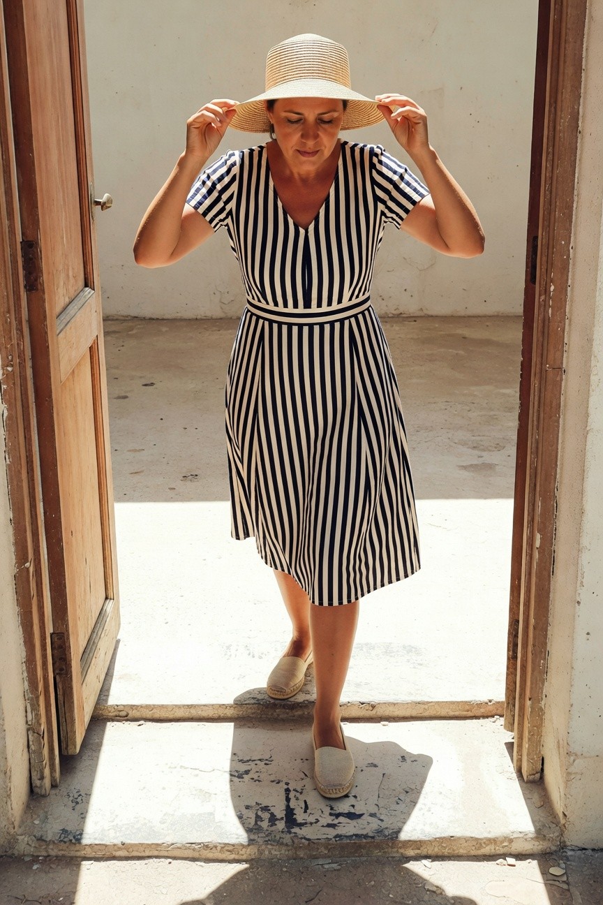 Woman in black and white striped short-sleeve midi dress with belted waist and flared skirt, adjusting a wide-brim straw hat atop her head while wearing beige espadrilles, posed stepping through a wooden doorway