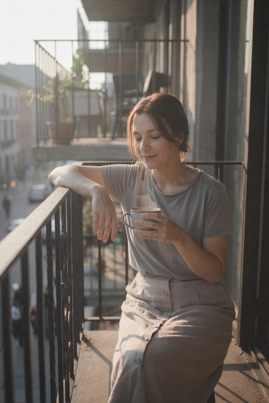 Woman leaning on balcony railing in pale gray short-sleeve tee and matching button-front linen skirt holding a mug of steaming drink