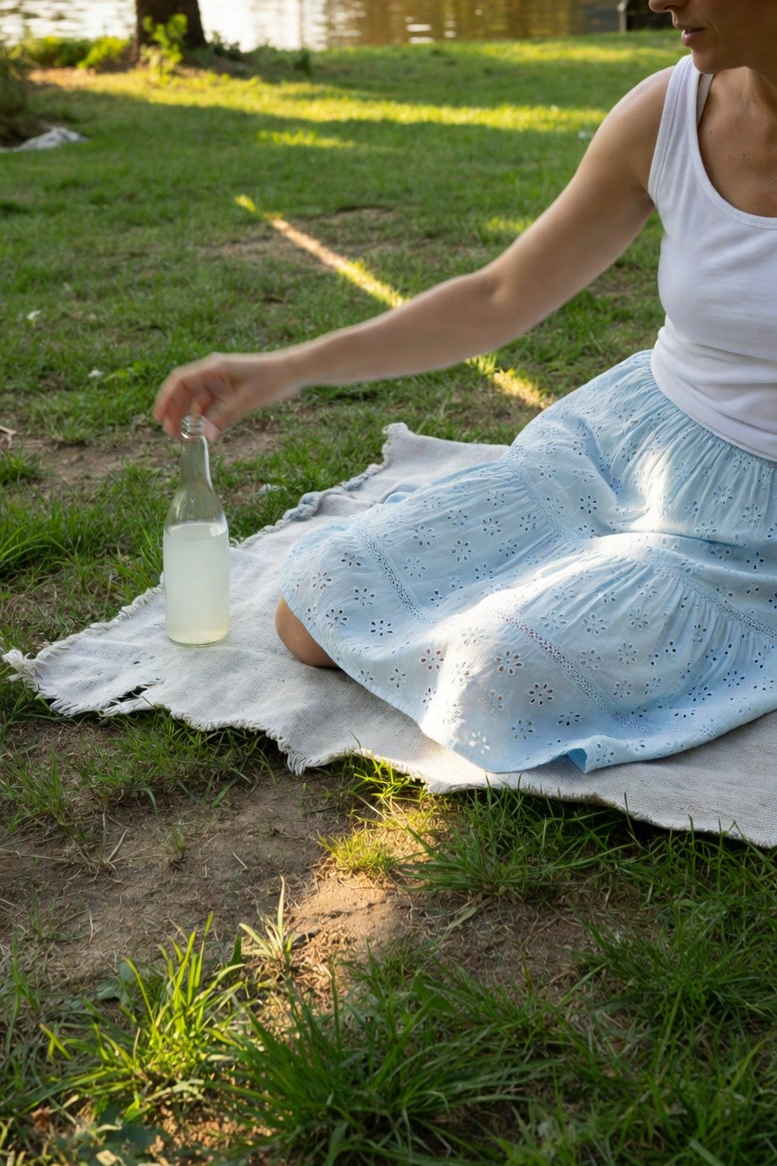 Woman sitting on a picnic blanket in a white tank top and light blue tiered eyelet skirt, reaching for a glass bottle of pale liquid on the grass