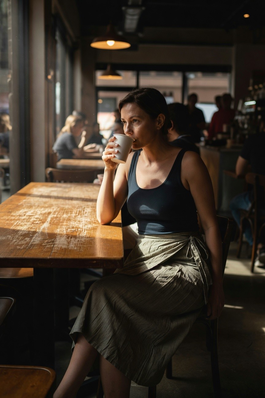 Woman sitting at a wooden table in a black sleeveless tank top and beige pleated wrap skirt, holding a white mug, casual summer outfit in a cafe setting