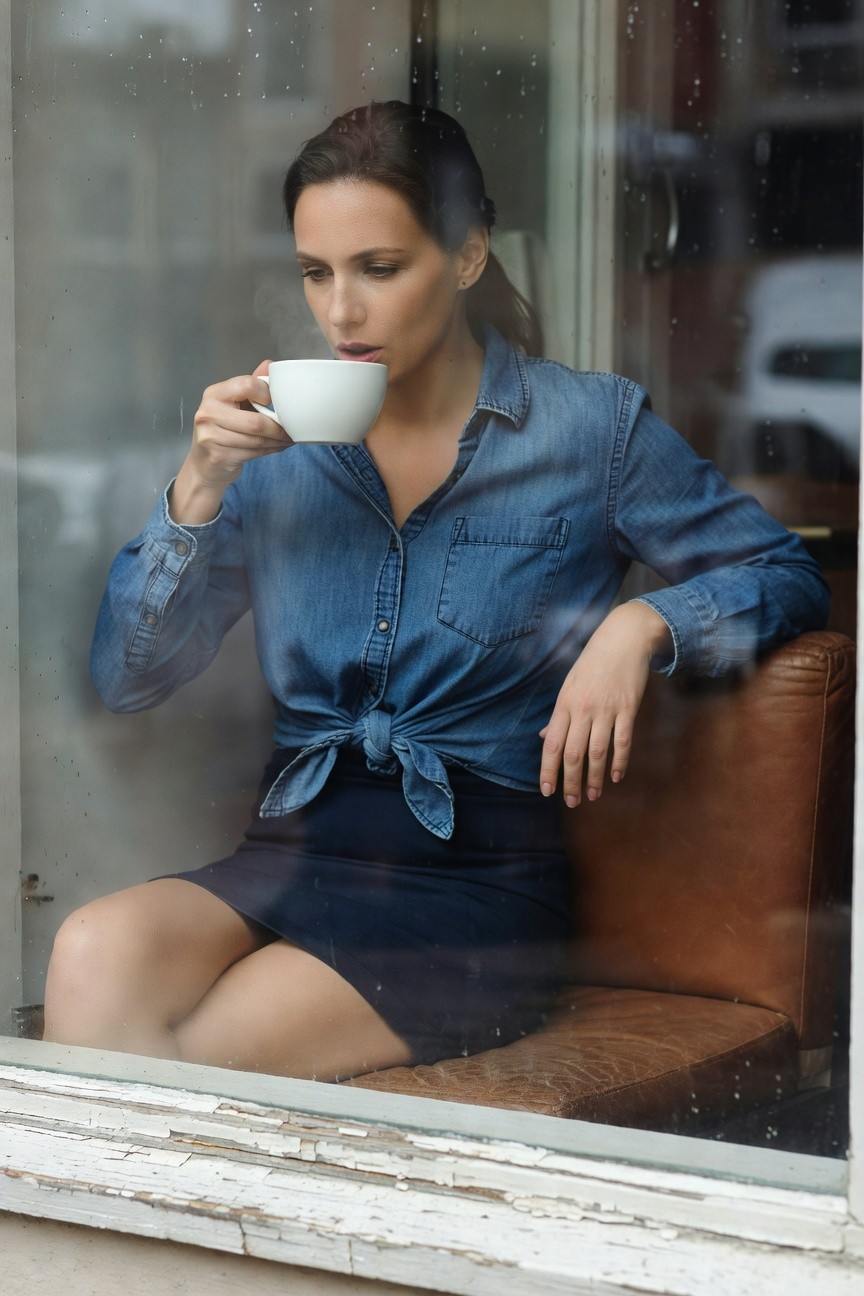 Woman sitting by window in tied blue denim button-up shirt knotted at waist over fitted black mini skirt holding white mug