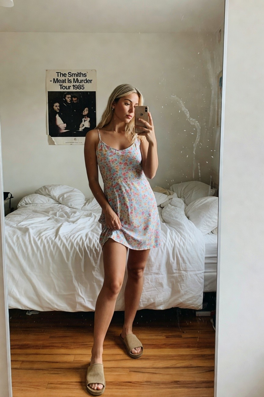 Blonde woman in a light blue spaghetti-strap floral mini dress and tan suede slide sandals posing in a bedroom mirror selfie with messy white bed sheets behind