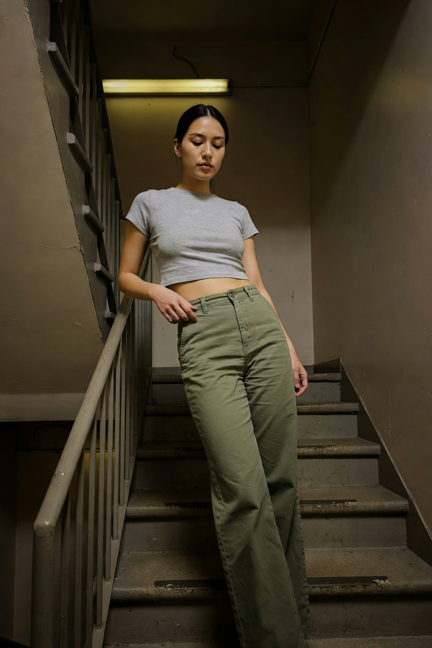 Young Asian woman leaning on a stairwell railing in a fitted gray cropped short-sleeve tee and high-waisted wide-leg olive green cargo pants, casual feminine summer outfit