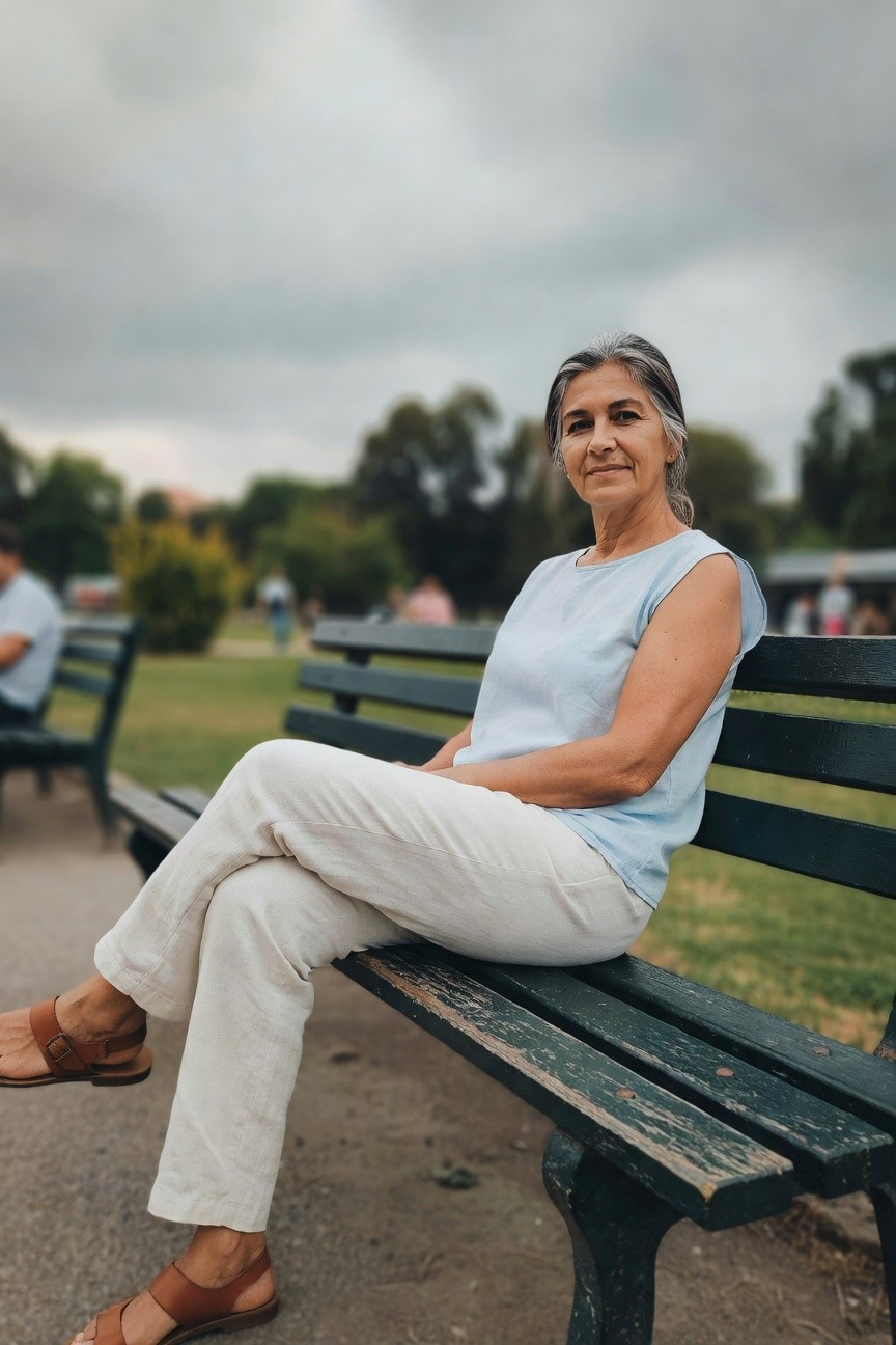 Silver-haired woman over 50 in light blue sleeveless blouse, wide-leg cream linen pants, and tan strappy flat sandals, seated sideways on wooden park bench
