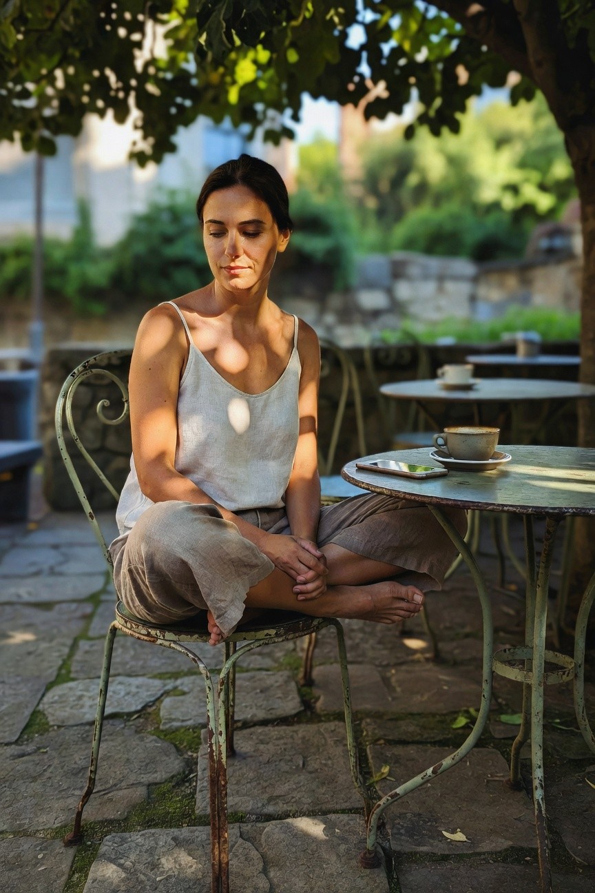 Woman seated cross-legged on a green metal chair wearing a white linen spaghetti-strap tank top and loose taupe linen wide-leg pants barefoot at a cafe table with coffee cup nearby soft natural light filtering through trees