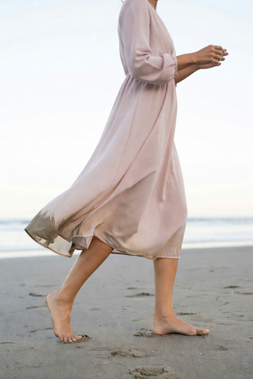Side profile of a woman walking barefoot on sand in a flowy pale pink chiffon maxi dress with long sleeves and sandy hem details