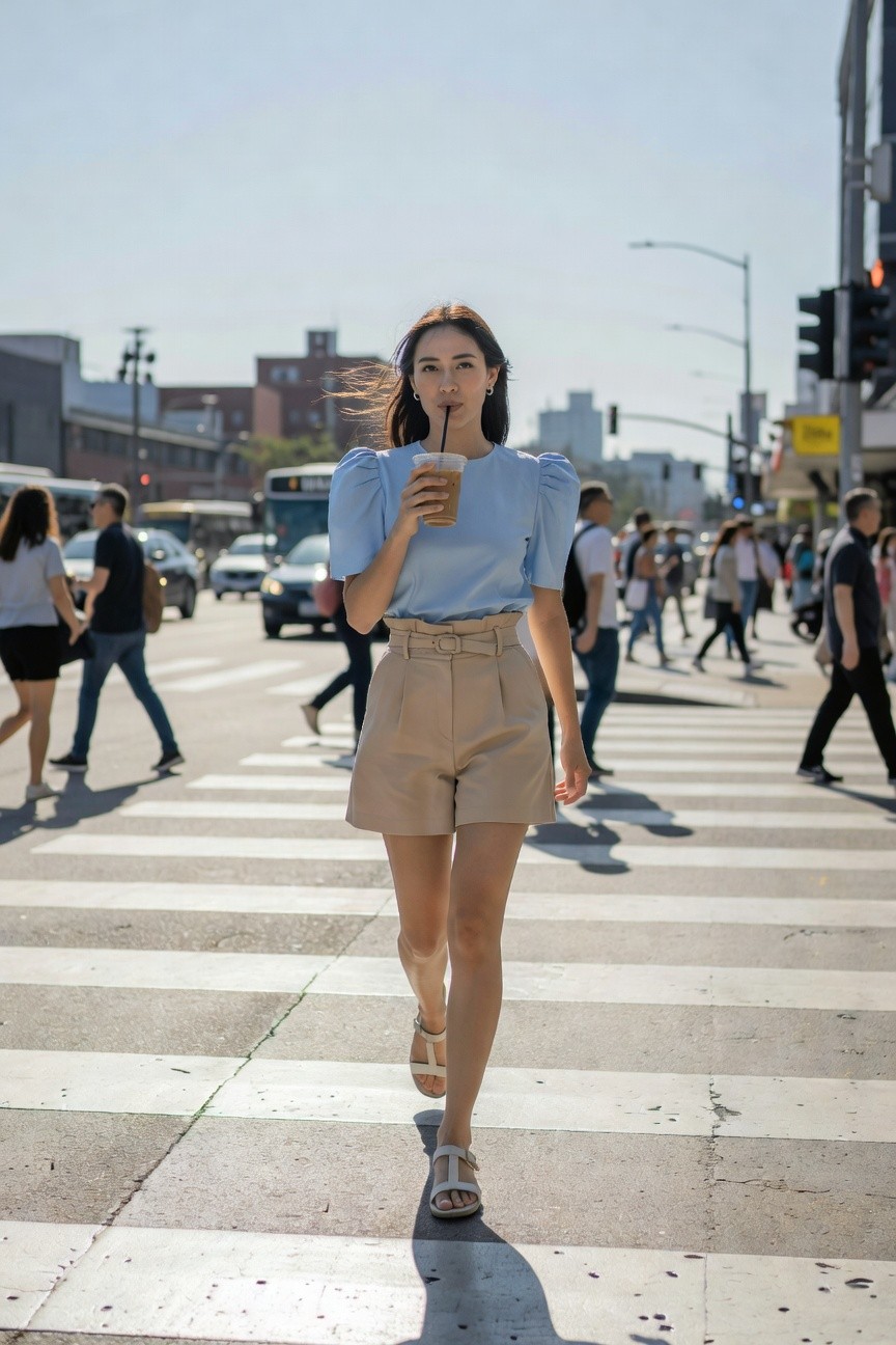 Young Asian woman crossing a crosswalk in a light blue puffed-sleeve blouse, high-waisted beige pleated shorts, strappy beige sandals, holding an iced coffee, with loose dark hair and small earrings, urban street background blurred