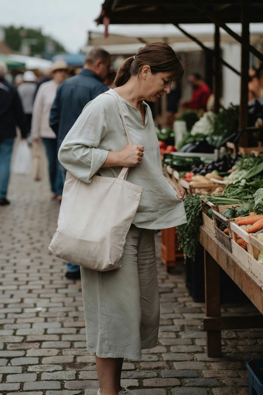 Woman in her 40s with brown ponytail wearing a loose sage green linen V-neck blouse with half sleeves, matching wide-leg linen pants, white sneakers, and carrying a beige canvas tote bag while browsing vegetables at an outdoor market stall