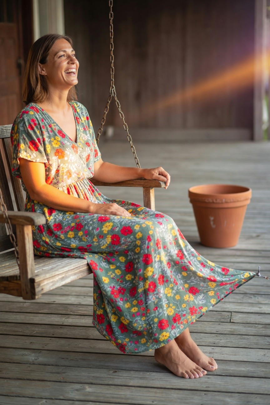 Woman in her 30s with shoulder-length brown hair smiling upward while seated barefoot on a wooden porch swing, wearing a short-sleeve V-neck floral maxi dress in sage green with red poppies, yellow daisies, and embroidery details, skirt draped loosely with a terracotta pot nearby