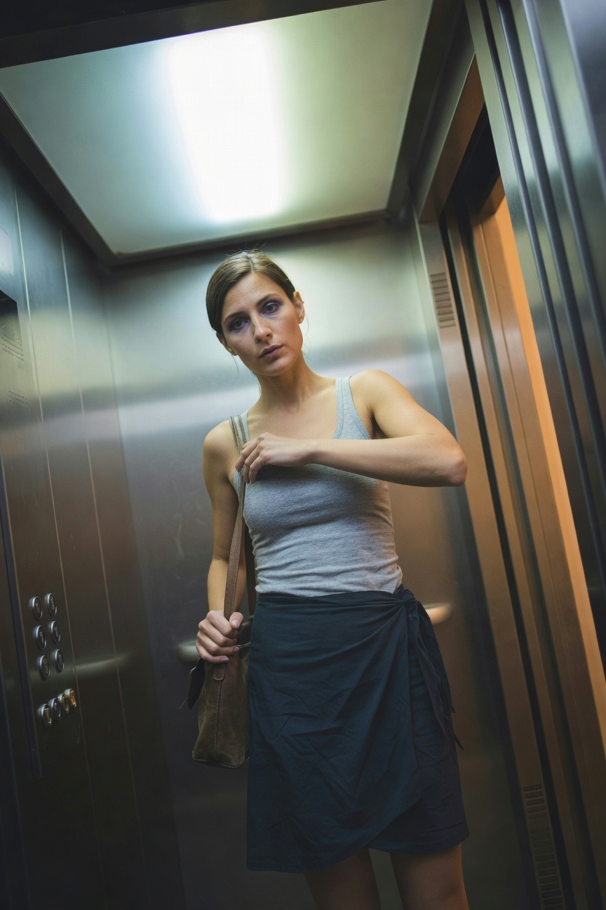 Woman with brown hair standing in a metallic elevator wearing a gray sleeveless tank top, black wrap skirt tied at the side, holding a brown leather shoulder bag, looking slightly concerned