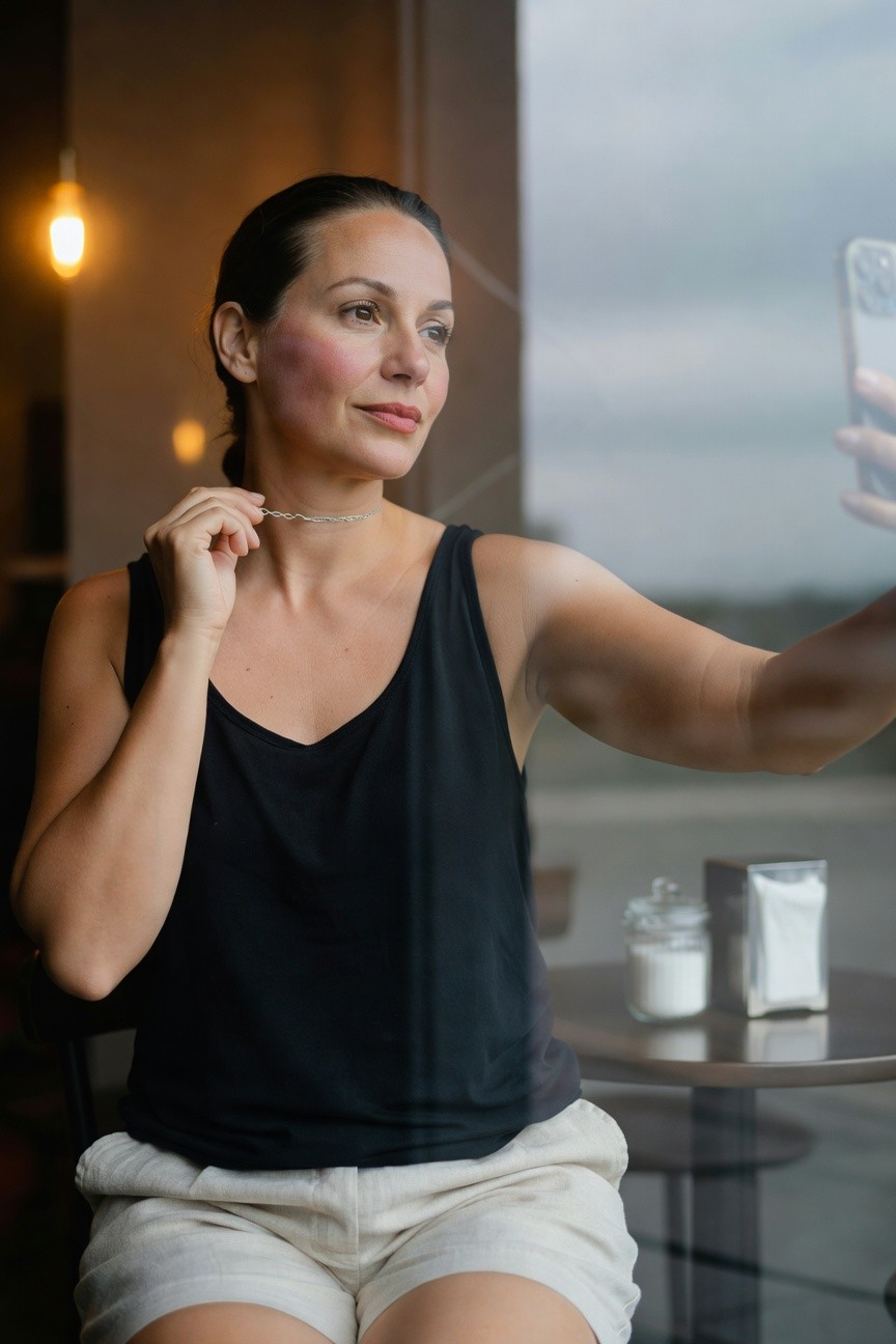 Woman sitting and taking a selfie in black sleeveless V-neck tank top, short white linen shorts, and thin silver chain choker necklace, with ponytail and natural makeup in a cafe setting