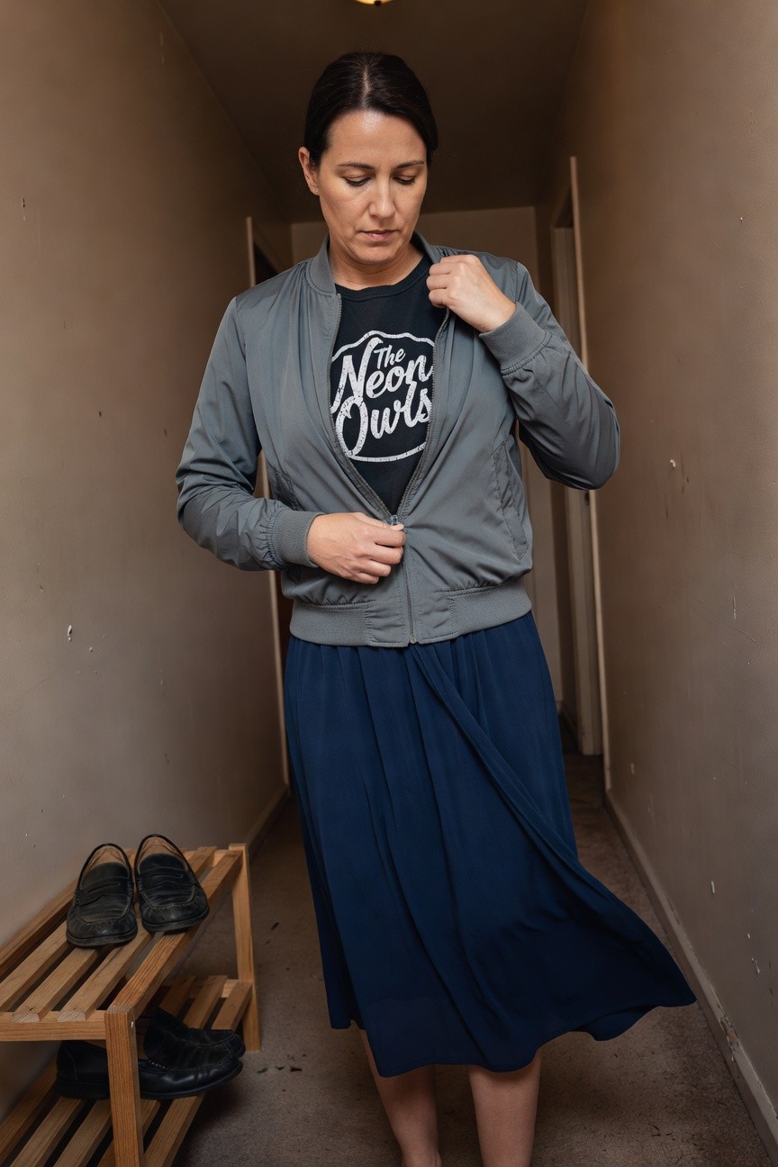 Woman zipping a light grey bomber jacket over a black graphic tee reading 