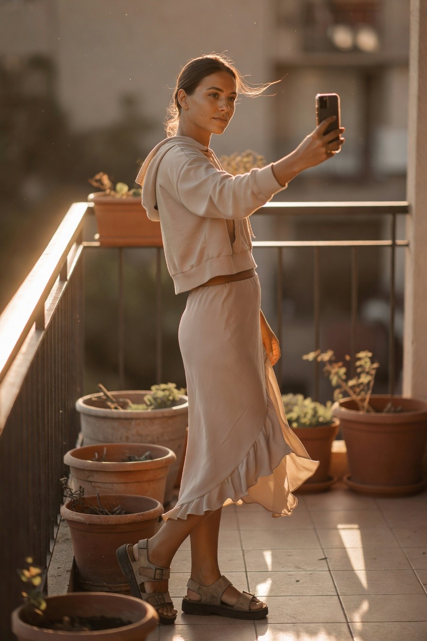Woman taking a selfie on a balcony wearing a cropped beige hoodie, matching flared ruffled midi skirt, and tan platform sandals, surrounded by potted plants