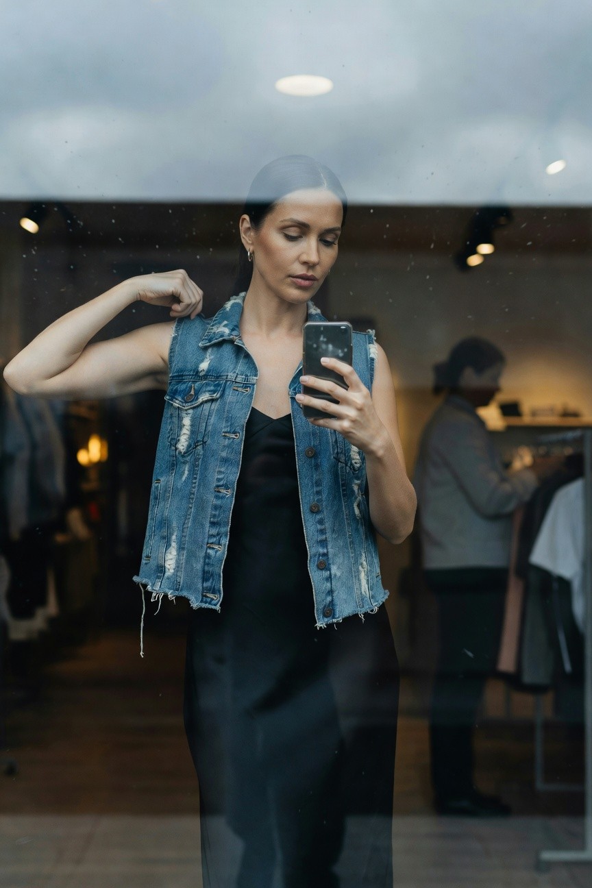 Woman taking a selfie in a store window, wearing a distressed sleeveless blue denim vest over a black sleeveless slip dress, flexing one arm, with clothing racks and another person blurred in the background